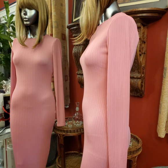Women Maxi Dress Size M Pink Knit Long Sleeve Bodycon Stretch Stylish‎ Pullover - Picture 7 of 16